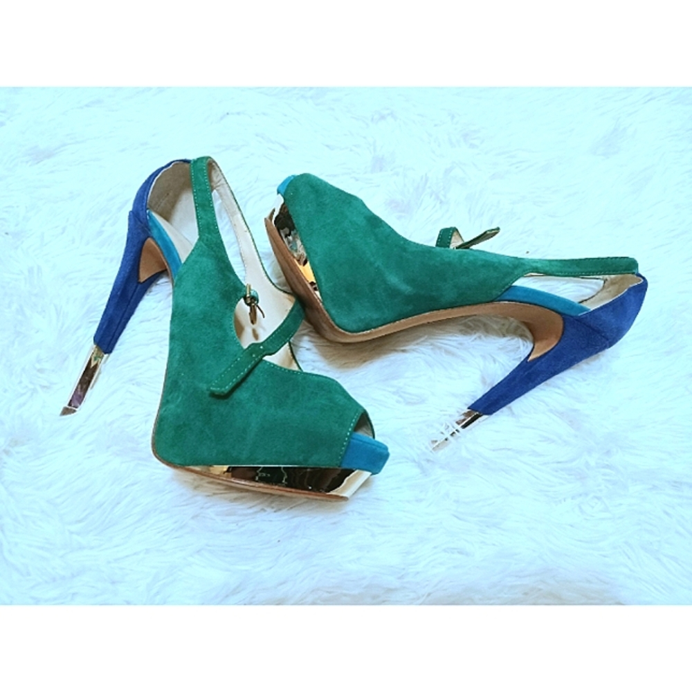 Suede Peep Toe Green & Blue High Heel Shoes